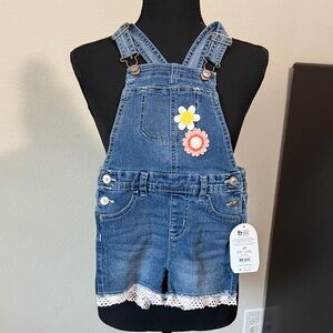 Denim Girls Shorts Overalls with Floral Accents